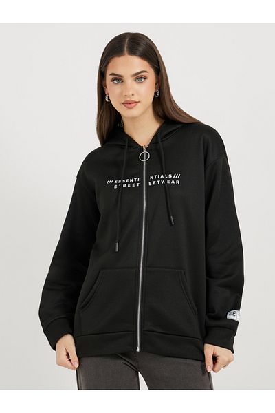 Styli Slogan Print Zip Up Hooded Sweatshirt