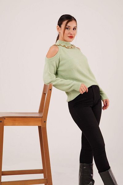 Hipo Trend Shoulder Low-Cut Turtleneck Necklace Detail Green Knitwear Sweater