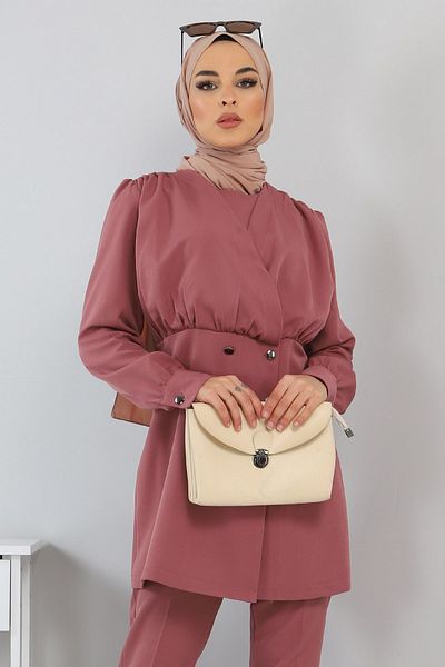 Modamihram Button Detailed Suit Dusty Rose 10743