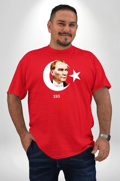 Angemiel Ataturk Turkish Flag Patterned - Red, Plus Size, Men's and Women's Unisex T-Shirt
