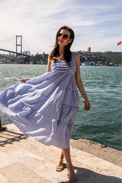 PASTELASTORE Rochie de vară cu model Gingham cu bretele, lungime midi, pentru femei 1300
