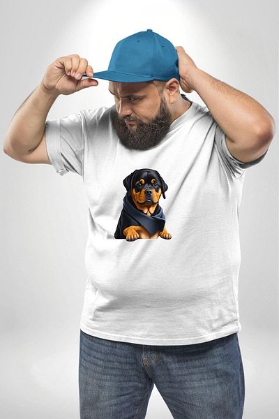 Angemiel تي شيرت أبيض كبير الحجم من Rottweiler Puppy - للرجال والنساء للجنسين، مطبوع من الأمام