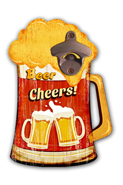 Virago Home Décor Cheers Şişe Açacaklı Kırmızı Vintage MDF Tablo