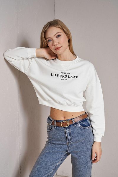 TENA Hanorac crop cu trei fire cu imprimeu Lane Lovers Ecru pentru damă