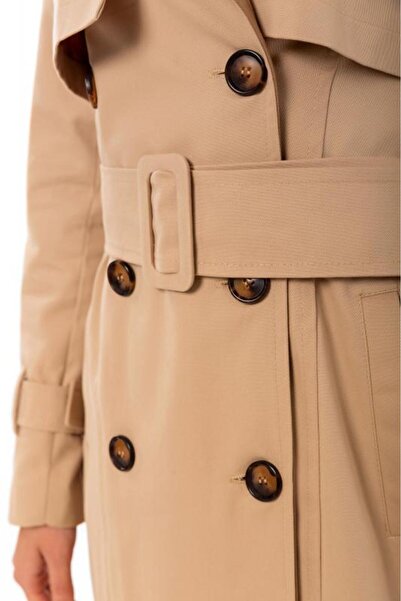 PASTELASTORE Açık Bej %100 Pamuk Gabardin Uzun (110CM) Astarlı Kemerli Kadın Trençkot 1111
