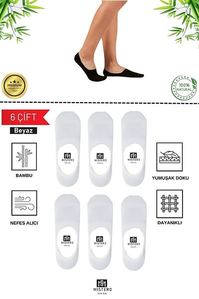 MISTERO SOCKS 6 Pairs of Bamboo Ballerinas - Seamless and Non-Slip Silicone Heels (White)