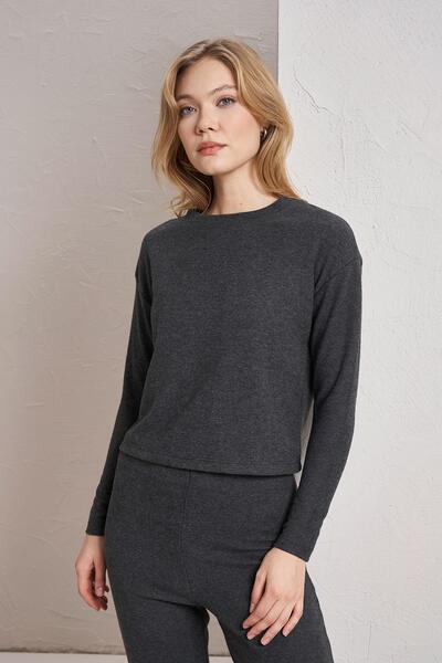 TENA Women's Black Melange Crew Neck Thessaloniki Fabric Basic Sweatshirt