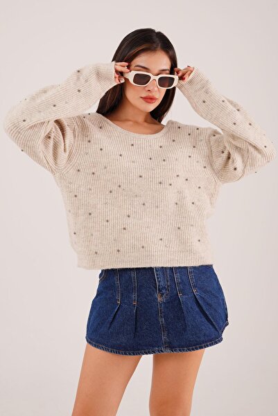 Hipo Trend Pulover din piatră cu broderie de piatră în față și spate decoltat