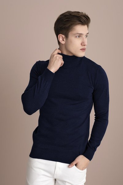 TENA MODA Pulover pentru bărbați, albastru marin Melange, cu gât complet, tricotaj de bază