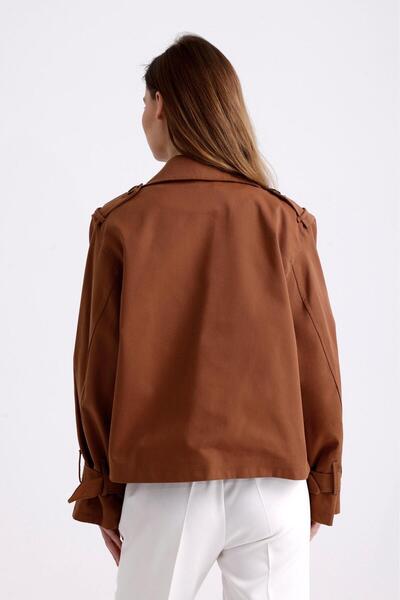 PASTELASTORE Taba %100 Pamuk Gabardin Astarlı Oversize Geniş Kalıp Kadın Crop Kısa Trençkot 1122