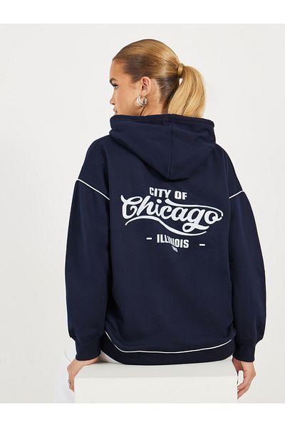 Styli Oversized Longline  Slogan Hoodie with Contrast Stitch