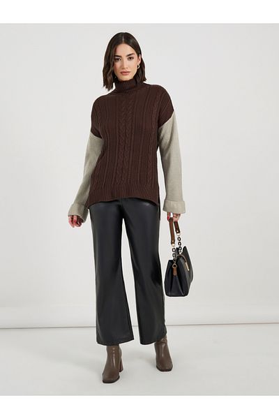 Styli Oversized Cable Knit Colorblock Jumper with Tuck Knit Sleeve