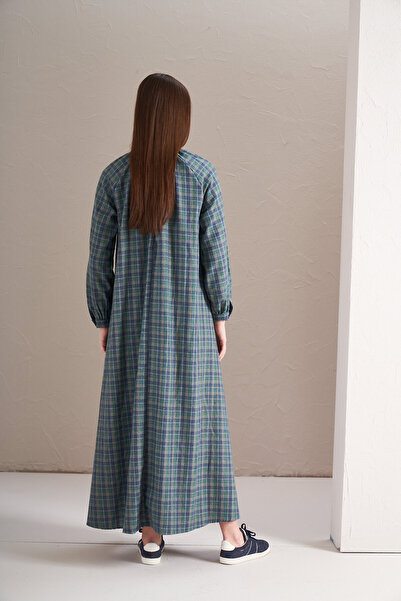 Mevra Green Navy Neck Gathered Dress