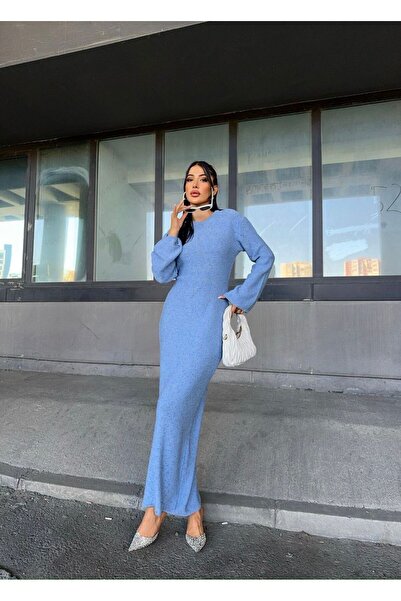 novalook Dokulu İspanyol Kol  Triko Maxi Elbise