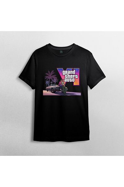 Pixxa GTA VI Grand Theft Auto 100% βαμβακερό μπλουζάκι με λαιμόκοψη μοντέλο 2
