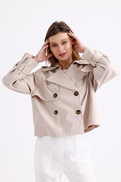 PASTELASTORE Oversize Women's Crop Short Trench Coat - 100% Cotton, Gabardine Lined 1122