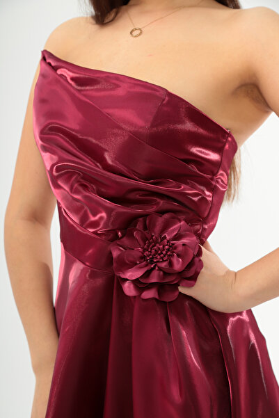 NURANS Kadın Mürdüm Yırtmaçlı Parlak Saten Uzun Abiye & Mezuniyet Elbise Özel Davetler