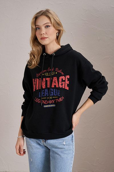 TENA Hanorac cu glugă fără buzunar cu imprimeu vintage negru pentru femei