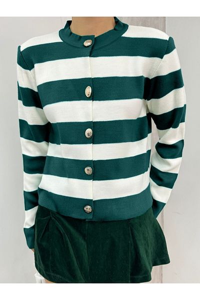 Modamorfo High Collar Striped Buttoned Knitted Cardigan