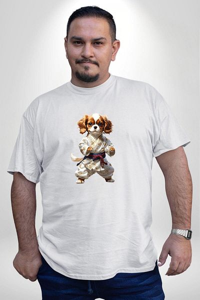 Angemiel تي شيرت Cavailer King Charles Spaniel Karate - أبيض، مقاس كبير، مطبوع أساسي للجنسين