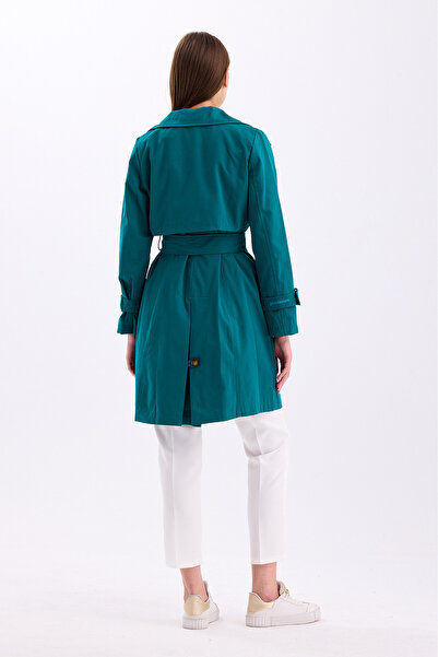 PASTELASTORE Смарагдово-зелений 100% бавовняний габардин, середньої довжини (95 см), з підкладкою та поясом, жіночий тренч 1113