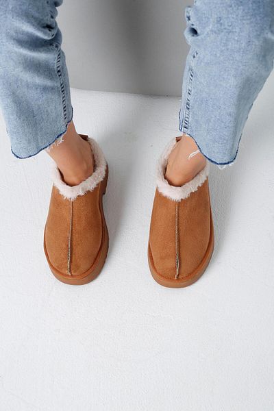 Beyond Ψηλοτάκουνες Tan Suede Γυναικείες Παντόφλες Σπιτιού - Γούνινος Αστραγάλος, Τριχωτό 5cm BYNDUGGT04