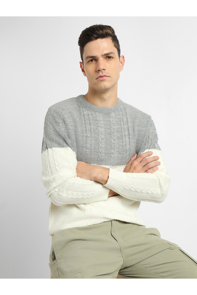 Dennis Lingo By Styli Textured Cable Knit Color Block Sweater