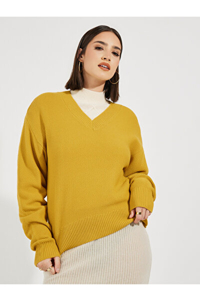 Styli بوكسي فيت عادي Uzunlukta Kalın Örgü V Yaka Kazak
