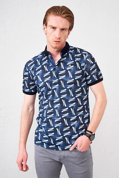 TENA Tricou pentru bărbați, albastru bleumarin, cu picior de cămașă cu guler piqué, cu imprimeu digital cu frunze