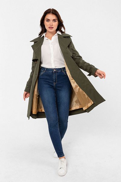 PASTELASTORE Trenci pentru femei 100% bumbac Gabardine Midi (95 cm) căptușit cu centură 1113