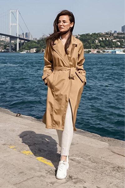 PASTELASTORE Camel Düğmeli Kemerli Uzun Klasik Trençkot 2115