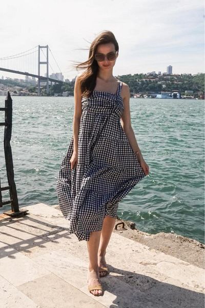 PASTELASTORE Rochie de vară cu bretele cu model vichy, lungime midi, pentru femei 1300