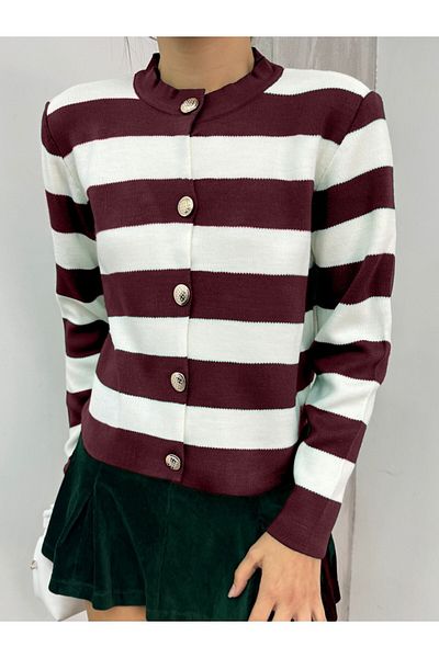 Modamorfo Ringed Metal Buttoned Short Cardigan - Burgundy