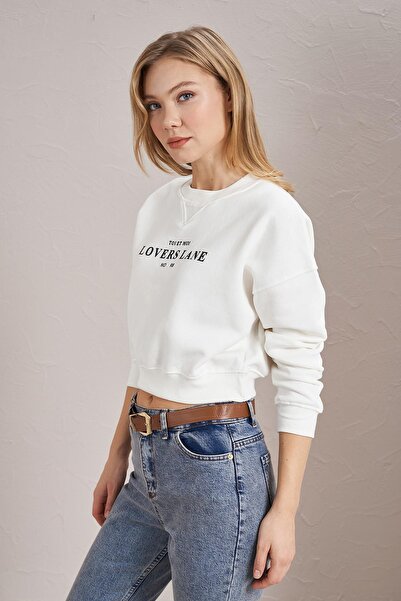 TENA Γυναικείο φούτερ εκρού Crew Neck Lovers Lane με στάμπα με τρεις κλωστές
