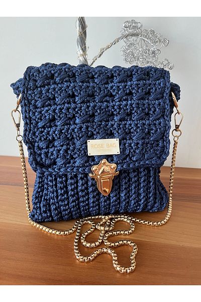 GÜLHOBİTASARIM Navy Blue Macrame Knitted Bag Chain Strap Bag
