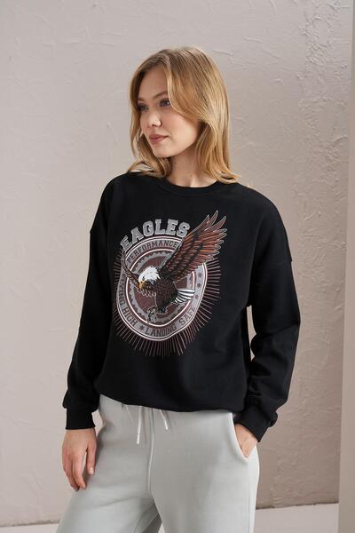 TENA Women's Black Crew Neck Eagles Printed Three Thread Basic Sweatshirt