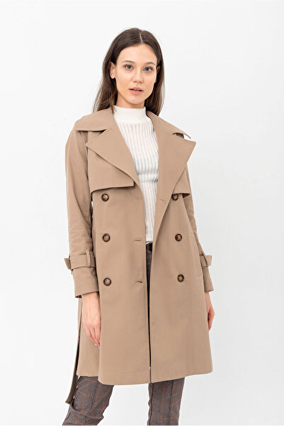 PASTELASTORE Yeni Bej %100 Pamuk Gabardin Midi (95CM) Astarlı Kemerli Kadın Trençkot 1113