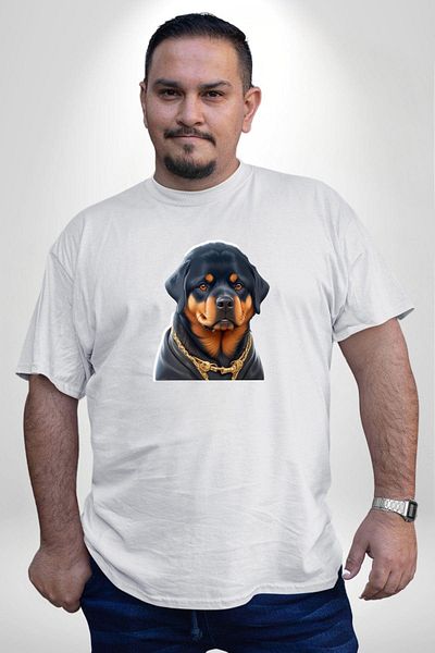 Angemiel تي شيرت أبيض مقاس كبير من Rottweiler Puppy - للرجال والنساء والجنسين، موديل أساسي مطبوع مسبقًا