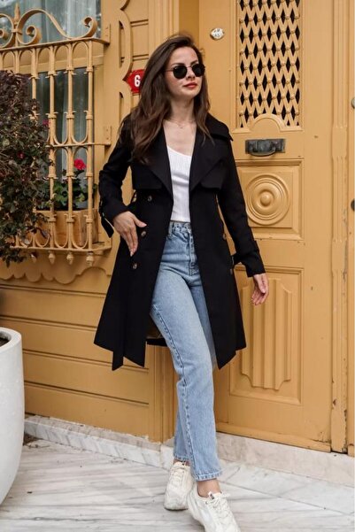 PASTELASTORE Siyah %100 Pamuk Gabardin Midi (95CM) Astarlı Kemerli Kadın Trençkot 1113