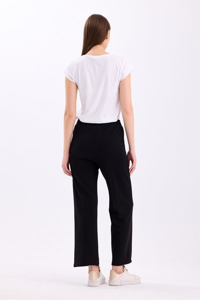PASTELASTORE Black Elastic Waist High Waist Wide Leg Palazzo Women's Casual Fabric Trousers 2373