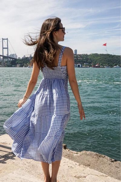PASTELASTORE Rochie de vară cu model Gingham cu bretele, lungime midi, pentru femei 1300