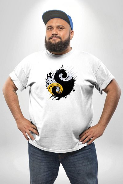 Angemiel تي شيرت أبيض كبير الحجم للرجال من Yin-Yang Kuramılı - مطبوع من الأمام