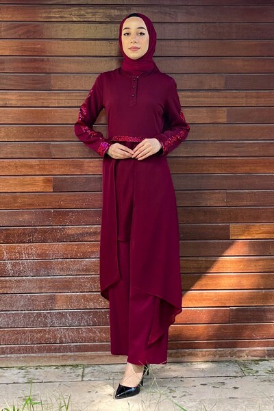 Modamihram مزيج مزدوج من الحجاب مزين بالترتر البرقوق 9561-2-38