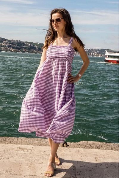 PASTELASTORE Rochie de vară cu model Gingham cu bretele, lungime midi, pentru femei 1300