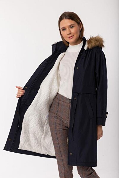 PASTELASTORE Lacivert Çıkarılabilir Kapüşonlu Içi Kürklü Kadın Kaban 1200