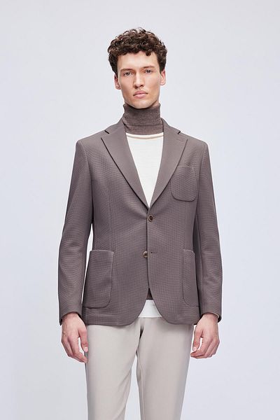 Hatemoğlu Brown Comfort Fit Patterned Mono Collar Classic Jacket