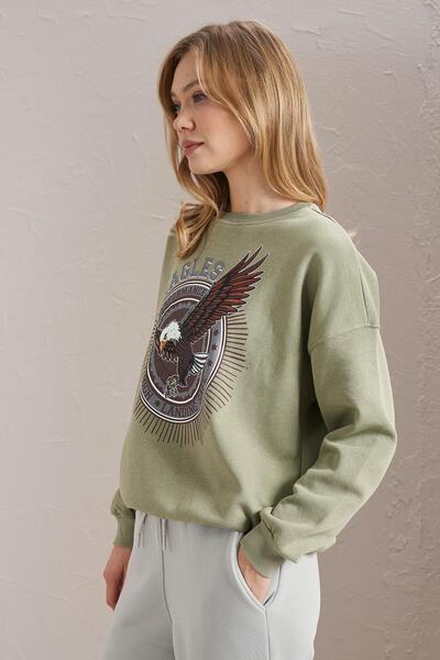 TENA Women's Olive Crew Neck Eagles Printed Three Thread Basic Sweatshirt