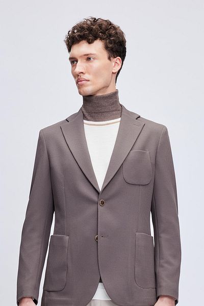 Hatemoğlu Brown Comfort Fit Patterned Mono Collar Classic Jacket