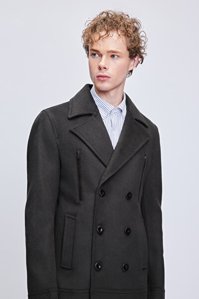 Hatemoğlu Khaki Slim Fit Plain Double Breasted Wool Stamp Coat