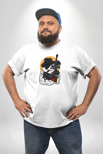 Angemiel تي شيرت أبيض كبير الحجم Gangster Panda - موديل أساسي للرجال للجنسين مطبوع من الأمام